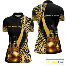 Load image into Gallery viewer, Black and Gold crown Bowling ball pins Polo, Quarter Zip Shirts for Women Custom Bowling Team jerseys NQS11592