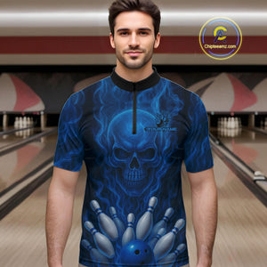 Blue Smoke Flame Skull Bowling shirts for Men custom Bowling Team Jersey, Gift For Bowler NQS10810