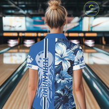 Load image into Gallery viewer, Blue tropical flower Flame Bowling Polo, Quarter Zip Shirts For Women Custom Bowler Gift Bowling Team NQS10990