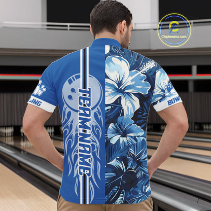 Blue tropical flower Flame Bowling Polo, Quarter Zip Shirts For Men Custom Bowler Gift Bowling Team NQS10990