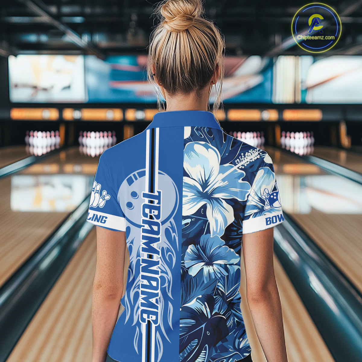 Blue tropical flower Flame Bowling Polo, Quarter Zip Shirts For Women Custom Bowler Gift Bowling Team NQS10990