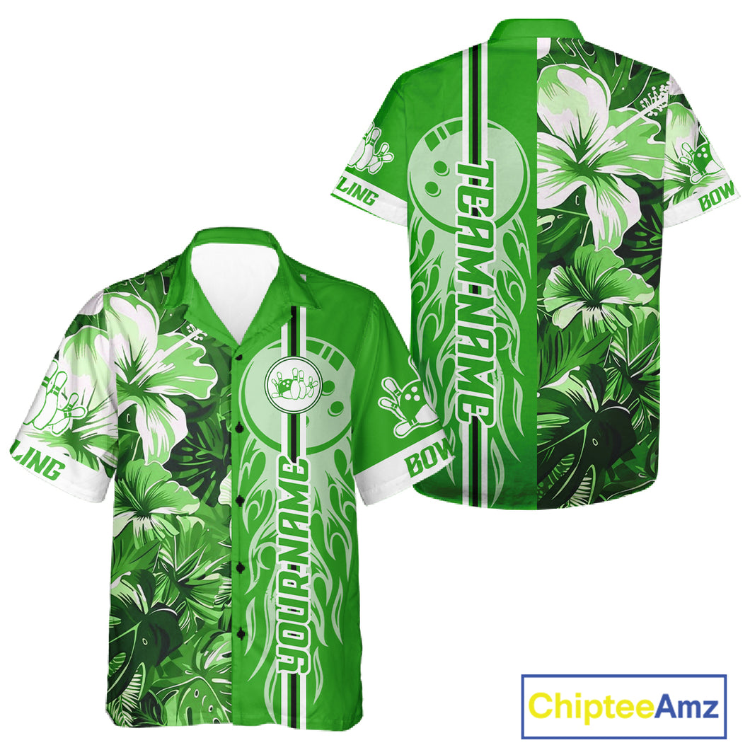 Green tropical flower Flame Hawaiian Bowling Jersey Custom Bowler Gift Bowling Team NQS10991