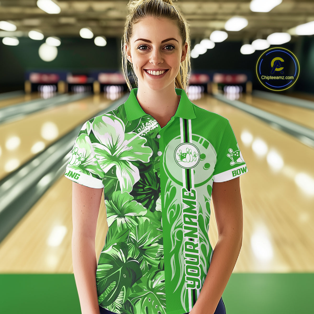 Green tropical flower Flame Bowling Polo, Quarter Zip Shirt For Women Custom Bowler Gift Bowling Team NQS10991