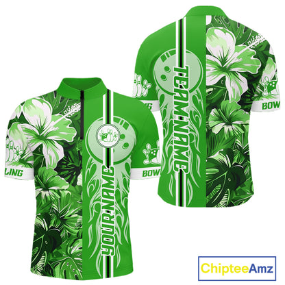 Green tropical flower Flame Bowling Polo, Quarter Zip Shirts For Men Custom Bowler Gift Bowling Team NQS10991