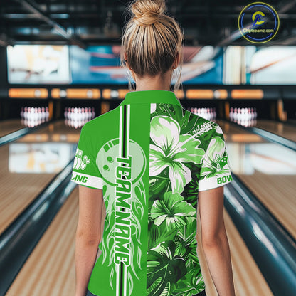 Green tropical flower Flame Bowling Polo, Quarter Zip Shirt For Women Custom Bowler Gift Bowling Team NQS10991
