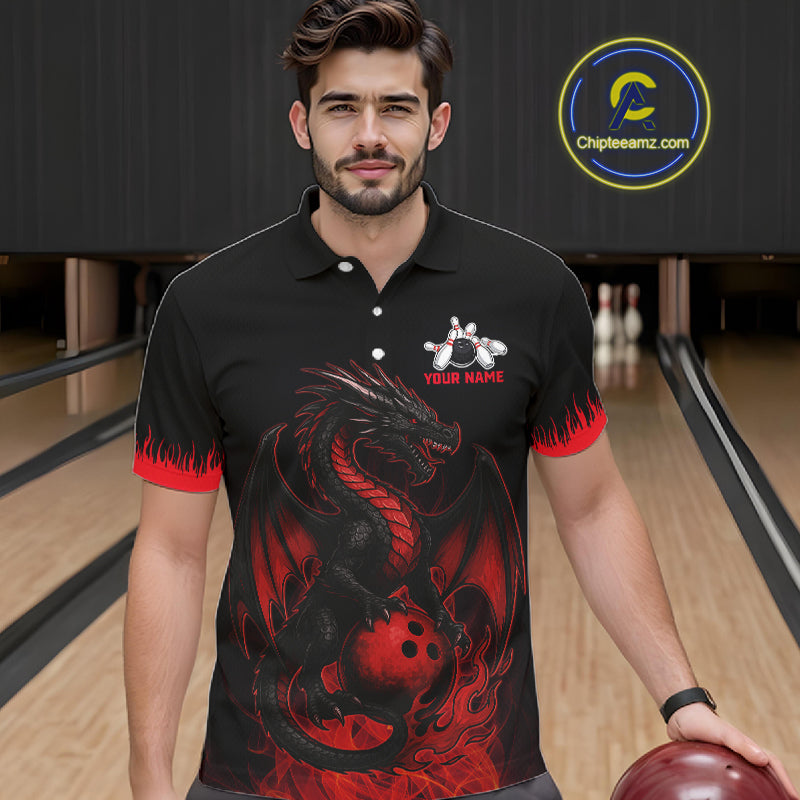 Black and Red Flame Dragon Bowling Polo, 1/4 zip shirts for Men Custom Dragon team bowling jerseys NQS11482
