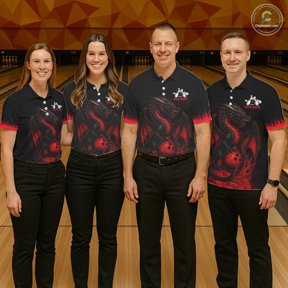 Black and Red Flame Dragon Bowling Polo, 1/4 zip shirts for Men Custom Dragon team bowling jerseys NQS11482