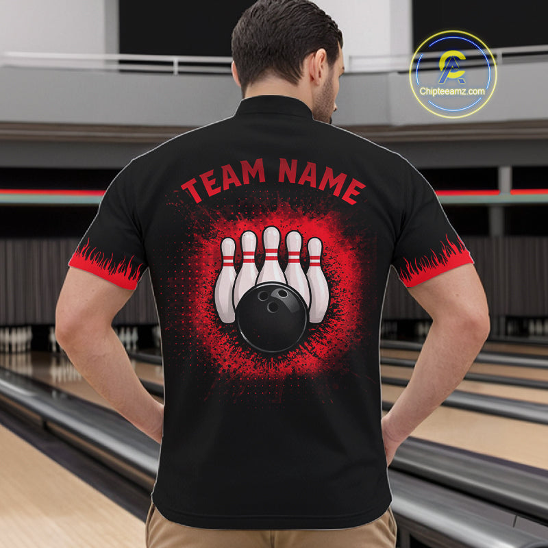 Black and Red Flame Dragon Bowling Polo, 1/4 zip shirts for Men Custom Dragon team bowling jerseys NQS11482