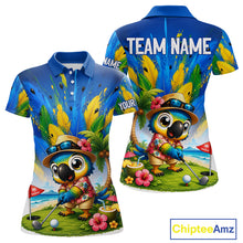 Load image into Gallery viewer, Funny Hawaiian bird golf jersey, personalized tropical parrot womens golf polo shirt, front view.