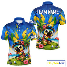 Load image into Gallery viewer, Mens golf polo shirt with tropical parrot print, custom name and team, Hawaiian bird design.