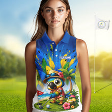 Load image into Gallery viewer, Personalized tropical parrot golf polo for women, funny Hawaiian bird design, sleeveless sport shirt side view.