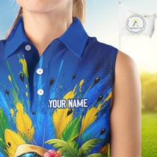 Load image into Gallery viewer, Personalized tropical parrot golf polo for women, funny Hawaiian bird design, sleeveless sport shirt side view.