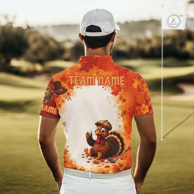 Thanksgiving Turkey Men Golf Polo Shirt Custom Name, Personalized Fall Golf Tops NHT1336