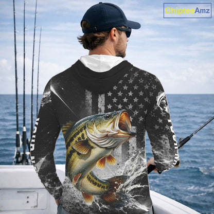 Gray Bass Custom Hooded Long Sleeve Fishing Shirts, American Flag Patriotic Bass Fishing Shirt NHT514