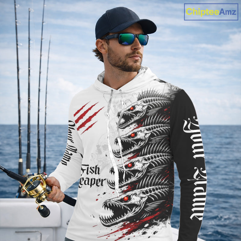 Personalized Fishing Fish Skeleton Hooded Fishing Shirts Jerseys, Fish Reaper Skull Fishing Shirts NHT516