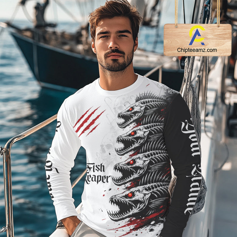 Personalized Fishing Fish Skeleton Fishing Shirts Jerseys, Fish Reaper Skull Fishing Shirts NHT516