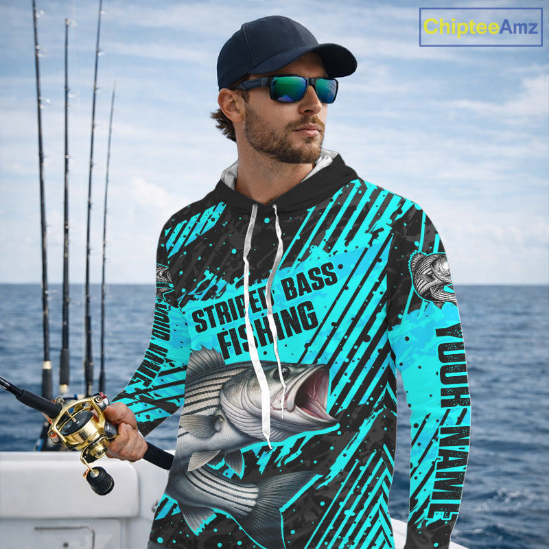 Personalized Striped Bass Performance Fishing Shirts Long Sleeve Hooded, Bass Fishing Jerseys NHT517