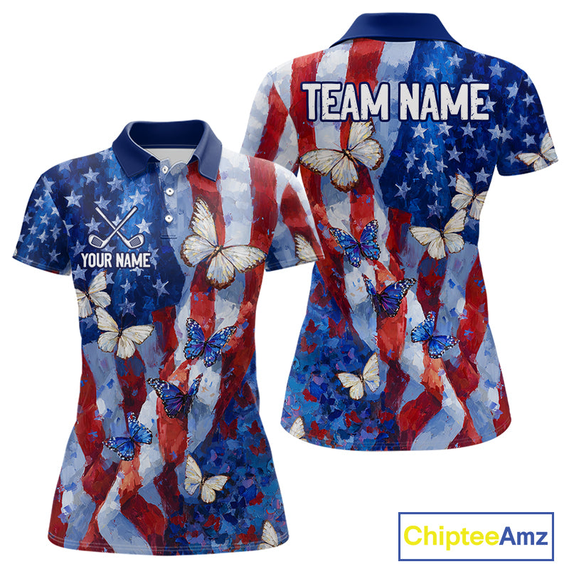Personalized American Flag Butterfly Womens Golf Polo Shirt – Custom Name Patriotic Team Apparel