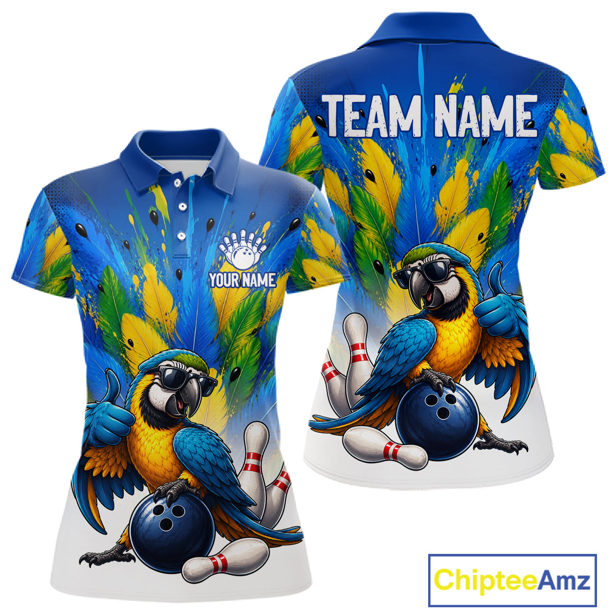 Women's green funny parrot bowling shirt – custom team jersey close-up