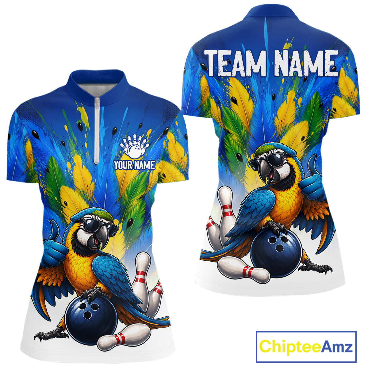 Men's custom green parrot bowling polo shirt – lightweight breathable front view