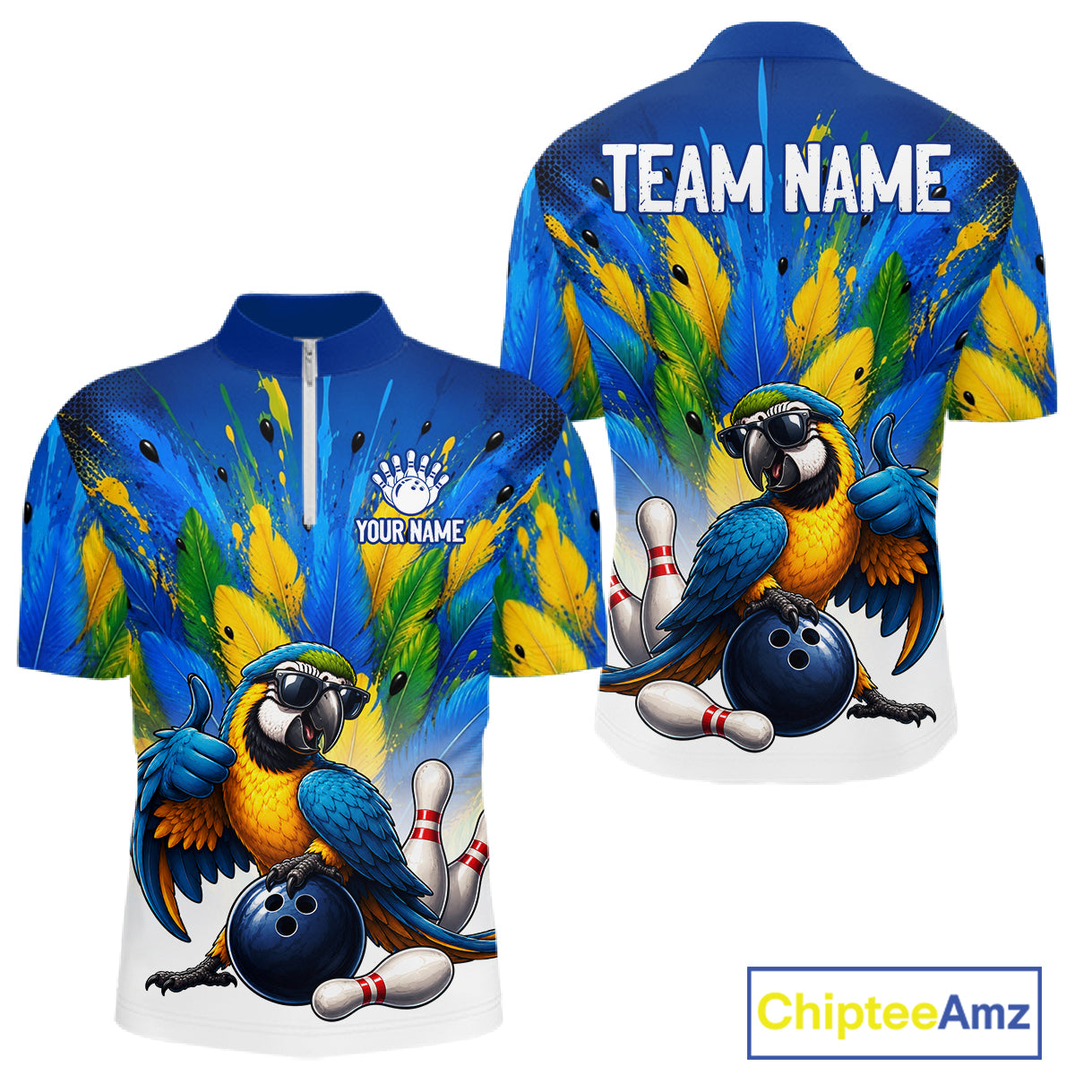 Men's funny parrot bowling quarter zip jersey – green personalized team shirt