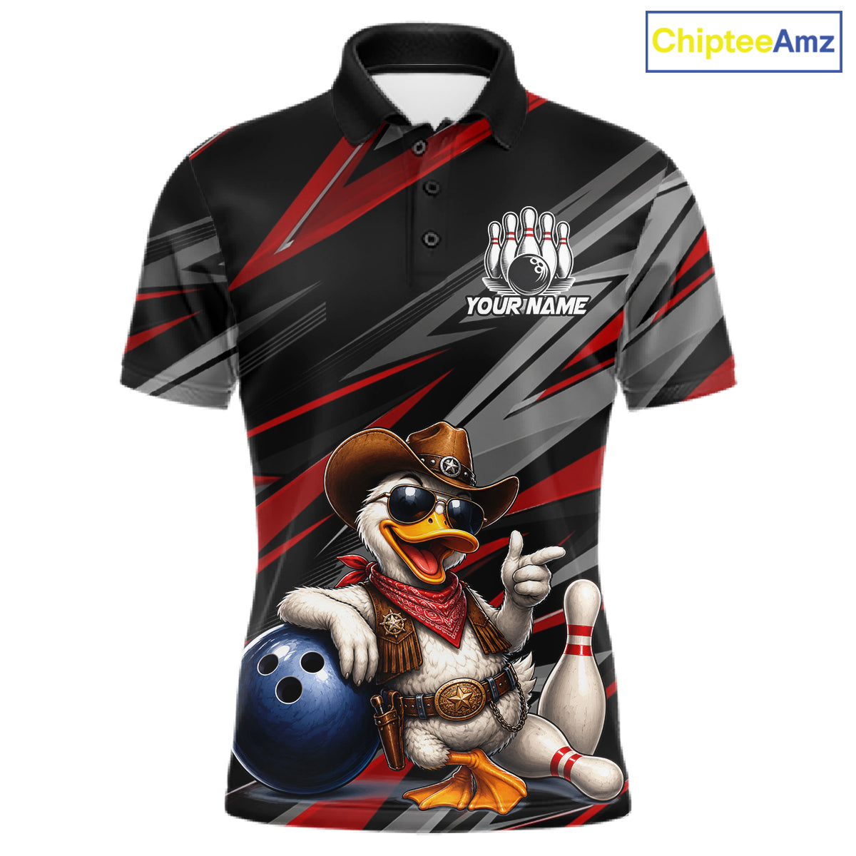 Men's custom cowboy duck bowling polo shirt – red front view