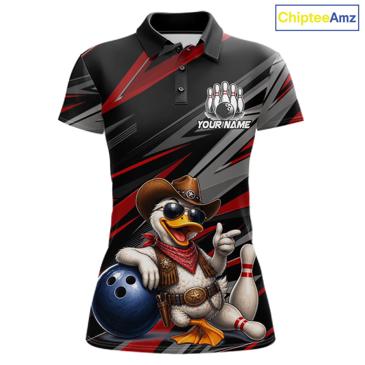Women's custom cowboy duck bowling polo shirt – red front view