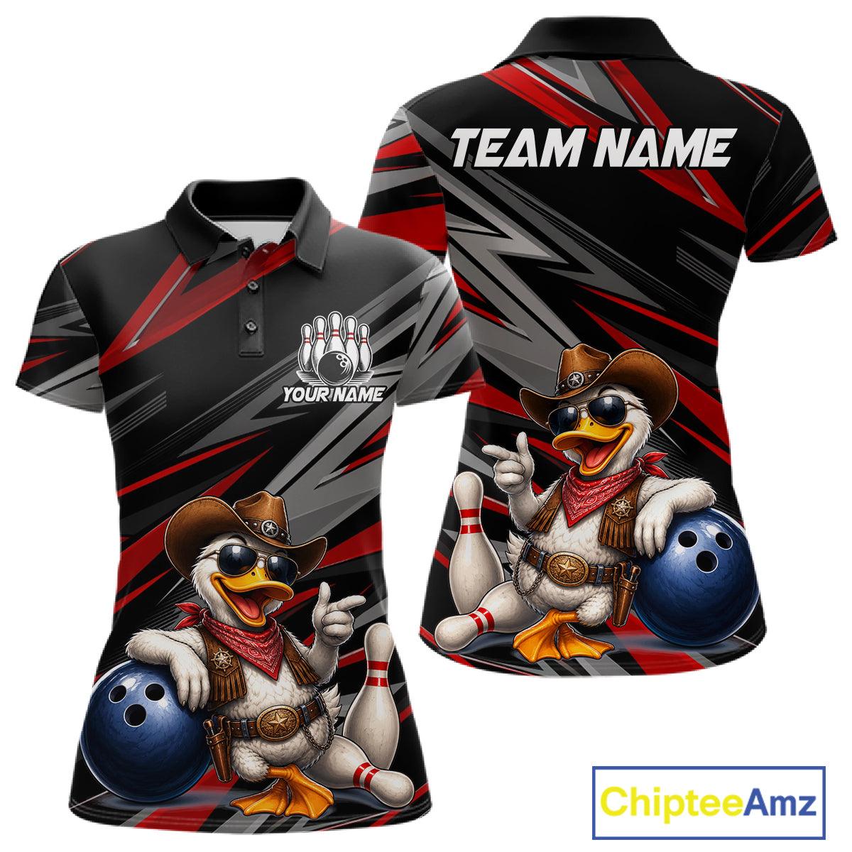 Women's personalized cowboy duck bowling jersey – close-up design