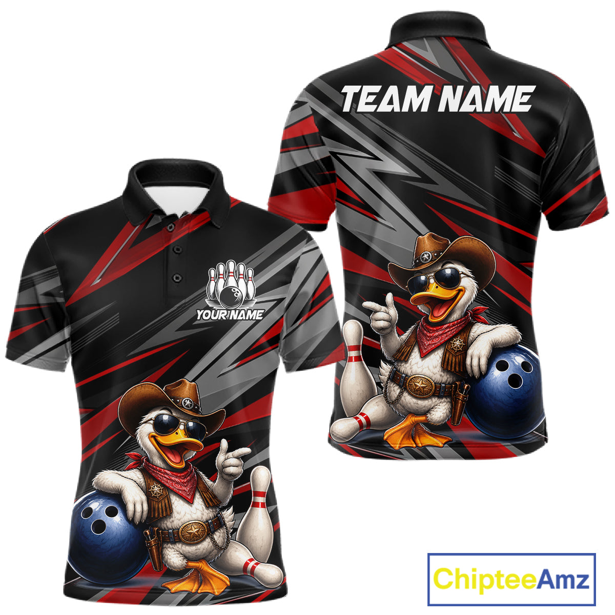 Men's personalized cowboy duck bowling jersey – close-up design