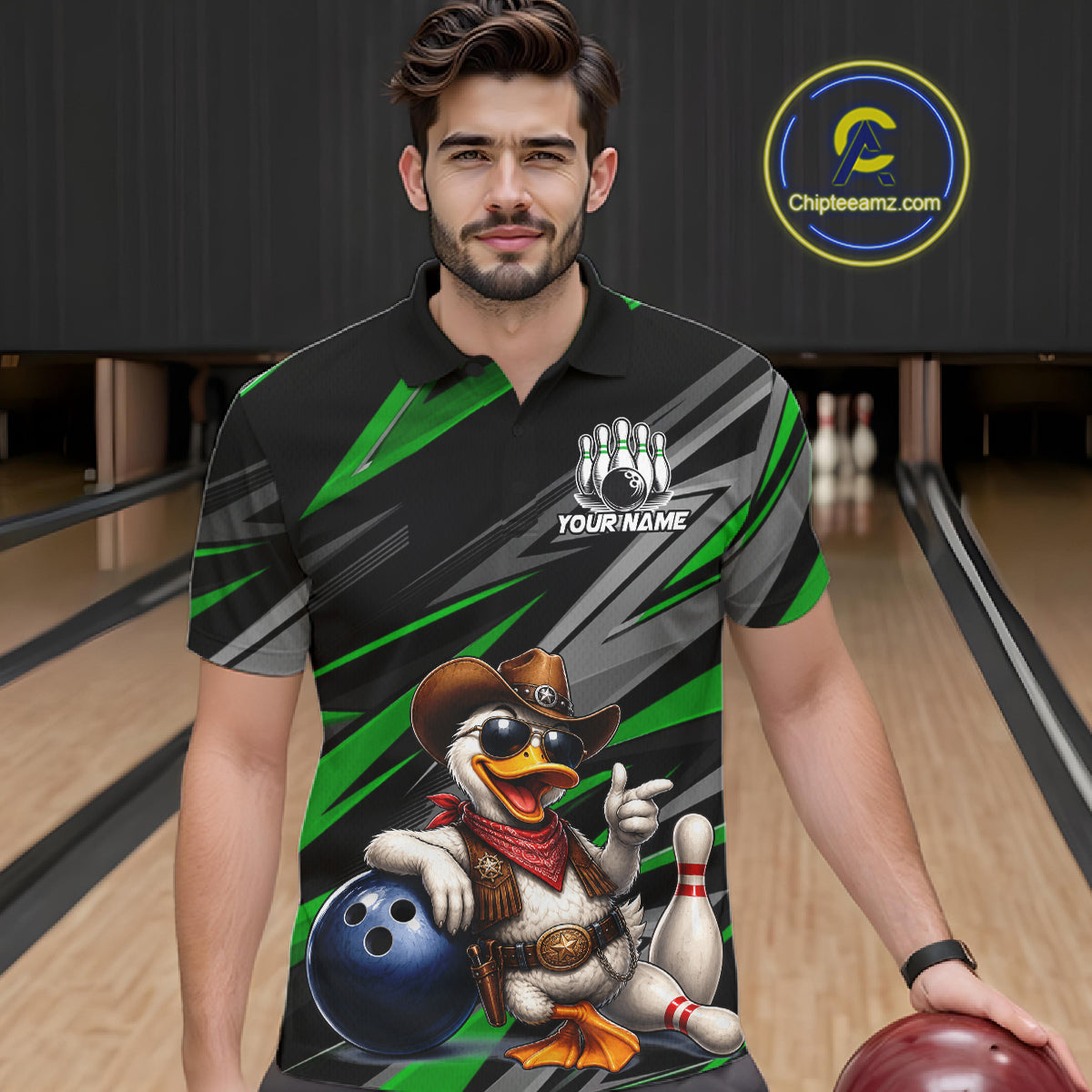 Personalized Team Jersey Men's Custom Cowboy Duck Bowling Polo & 1/4 Zip Shirt |Green NHT1205