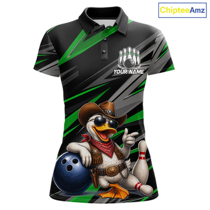 Women's custom cowboy duck bowling polo shirt – green front view