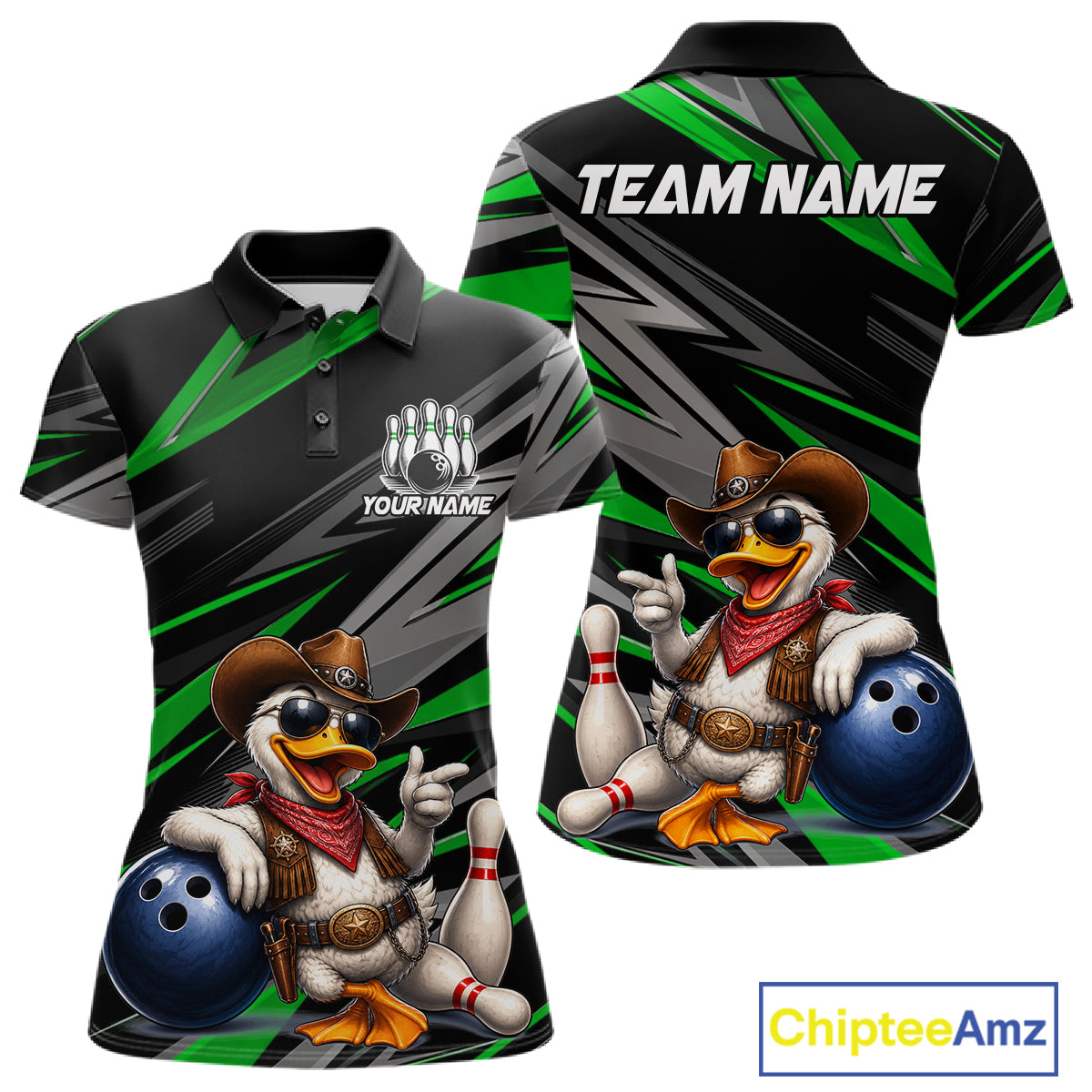 Women's personalized cowboy duck bowling jersey – green close-up
