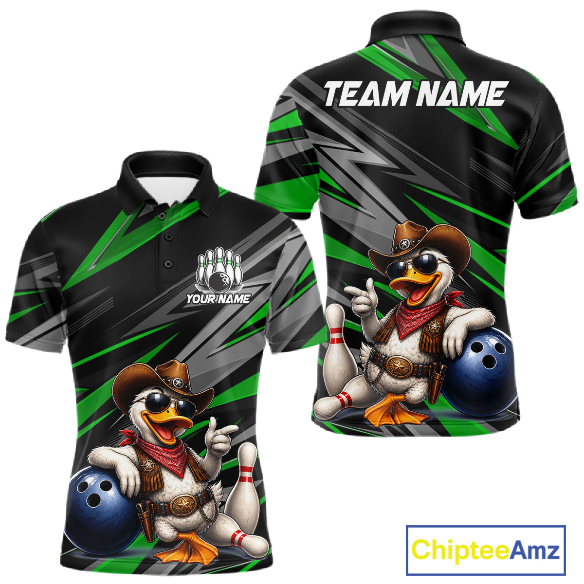 Men's personalized cowboy duck bowling jersey – green close-up