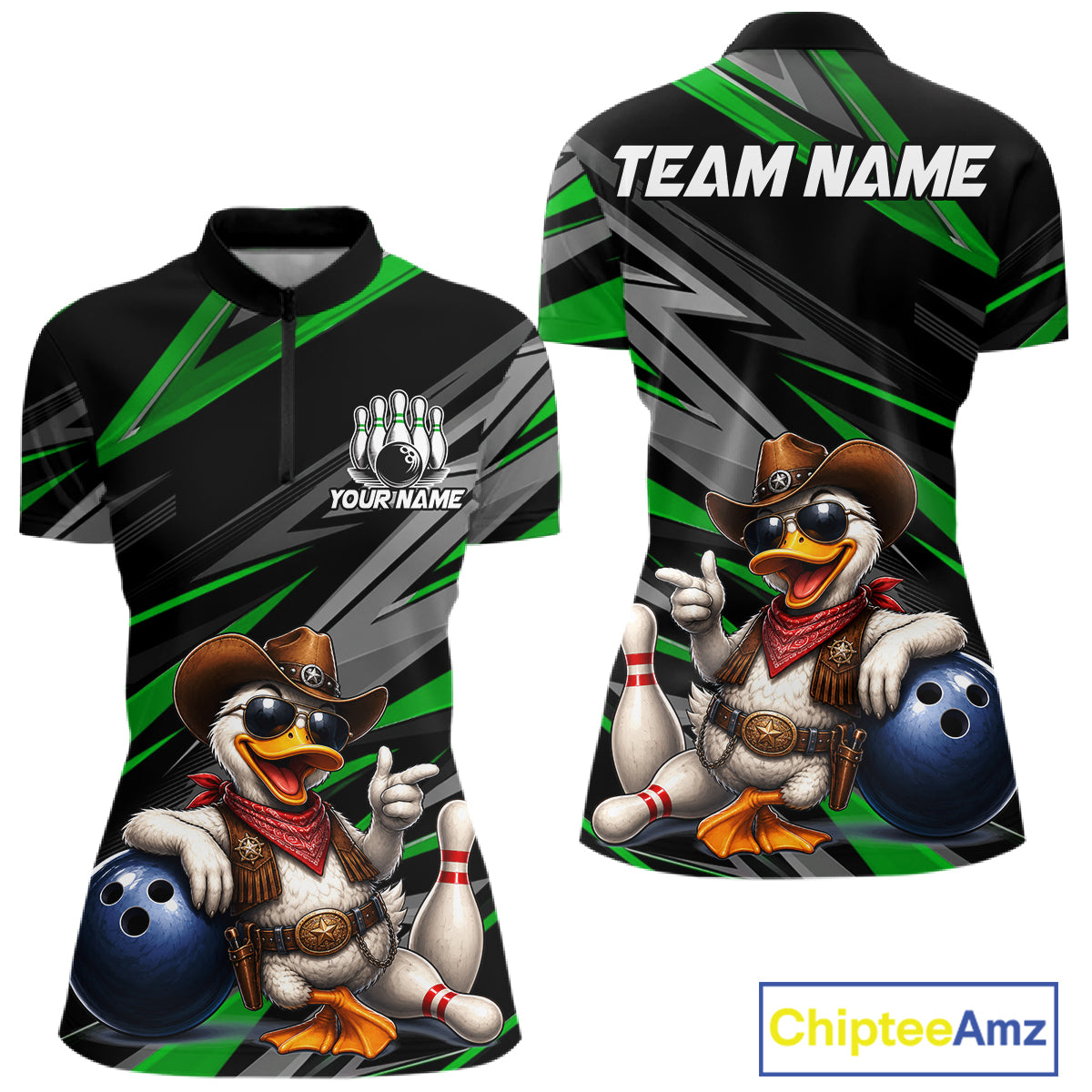 Women's custom cowboy duck bowling quarter zip shirt – green front view