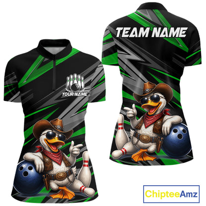 Women's custom cowboy duck bowling quarter zip shirt – green front view