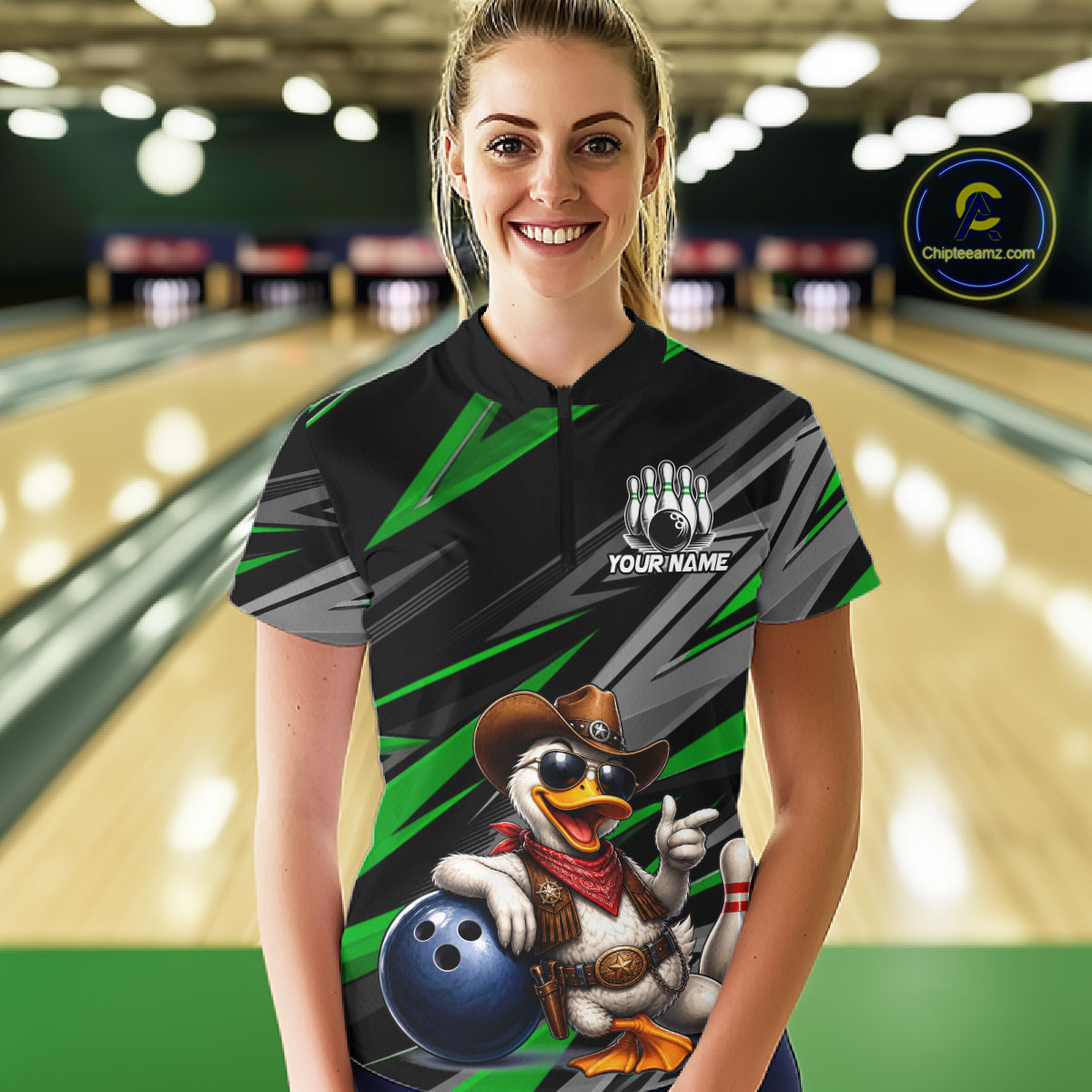 Personalized Team Jersey Women's Custom Cowboy Duck Bowling Polo & 1/4 Zip Shirt |Green NHT1205