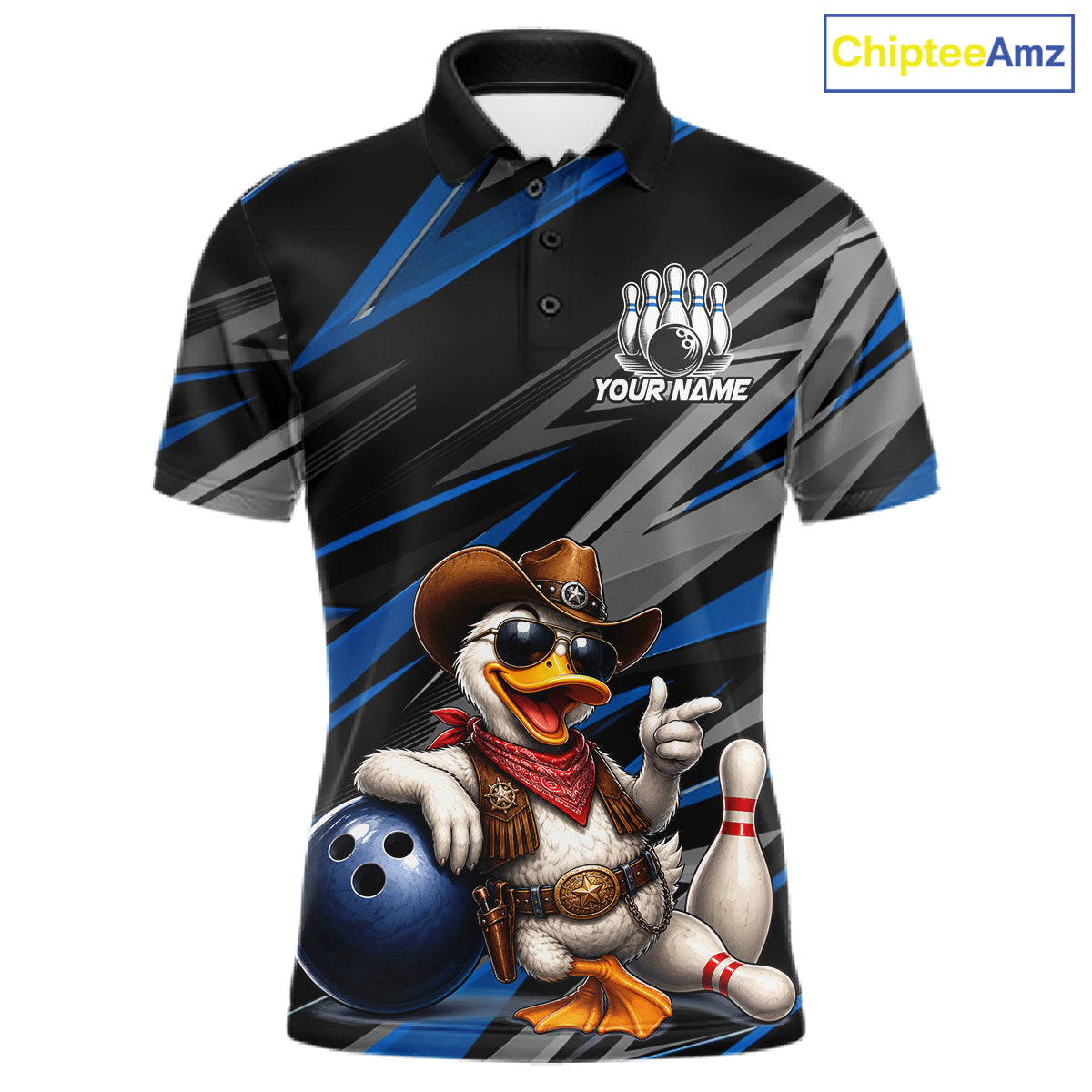 Men's custom cowboy duck bowling polo shirt – blue front view