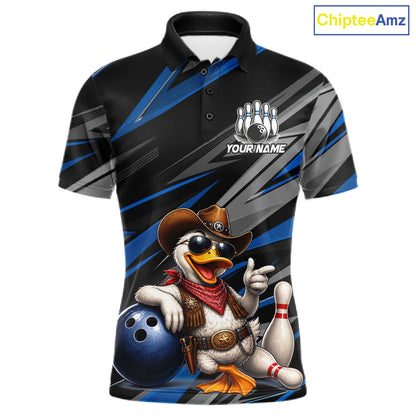 Men's custom cowboy duck bowling polo shirt – blue front view