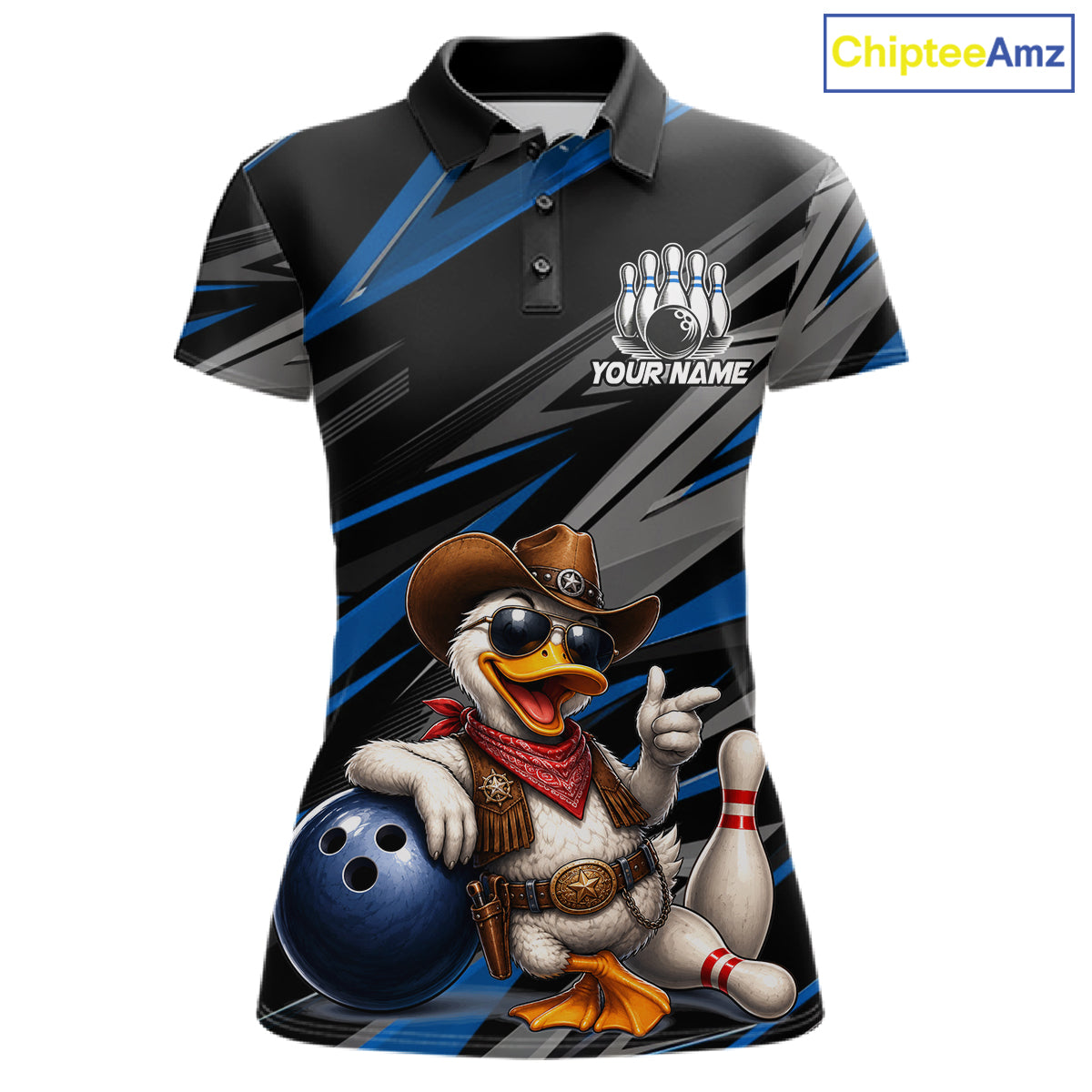 Women's custom cowboy duck bowling polo shirt – blue front view