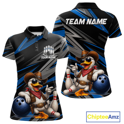 Women's personalized cowboy duck bowling jersey – blue close-up
