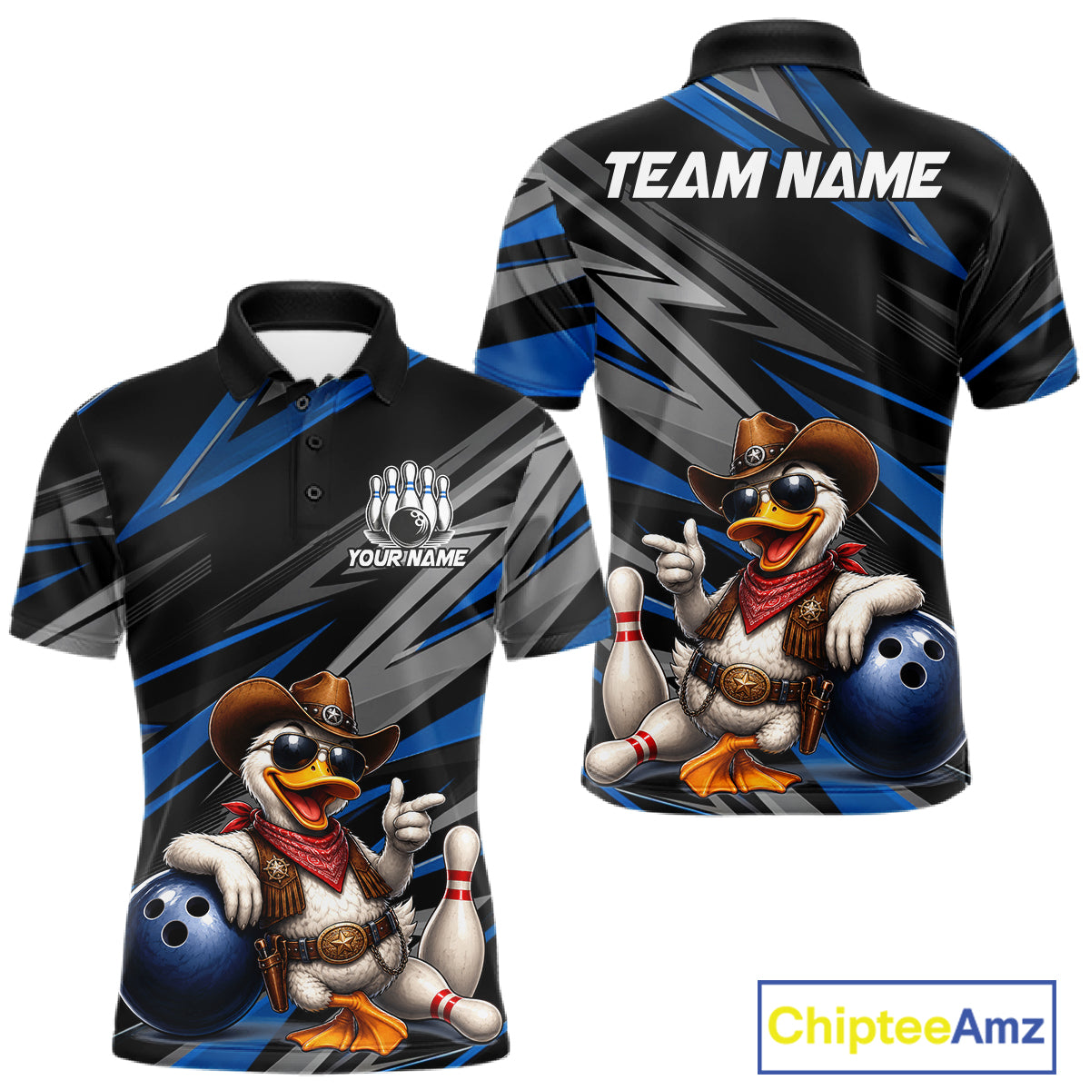 Men's personalized cowboy duck bowling jersey – blue close-up