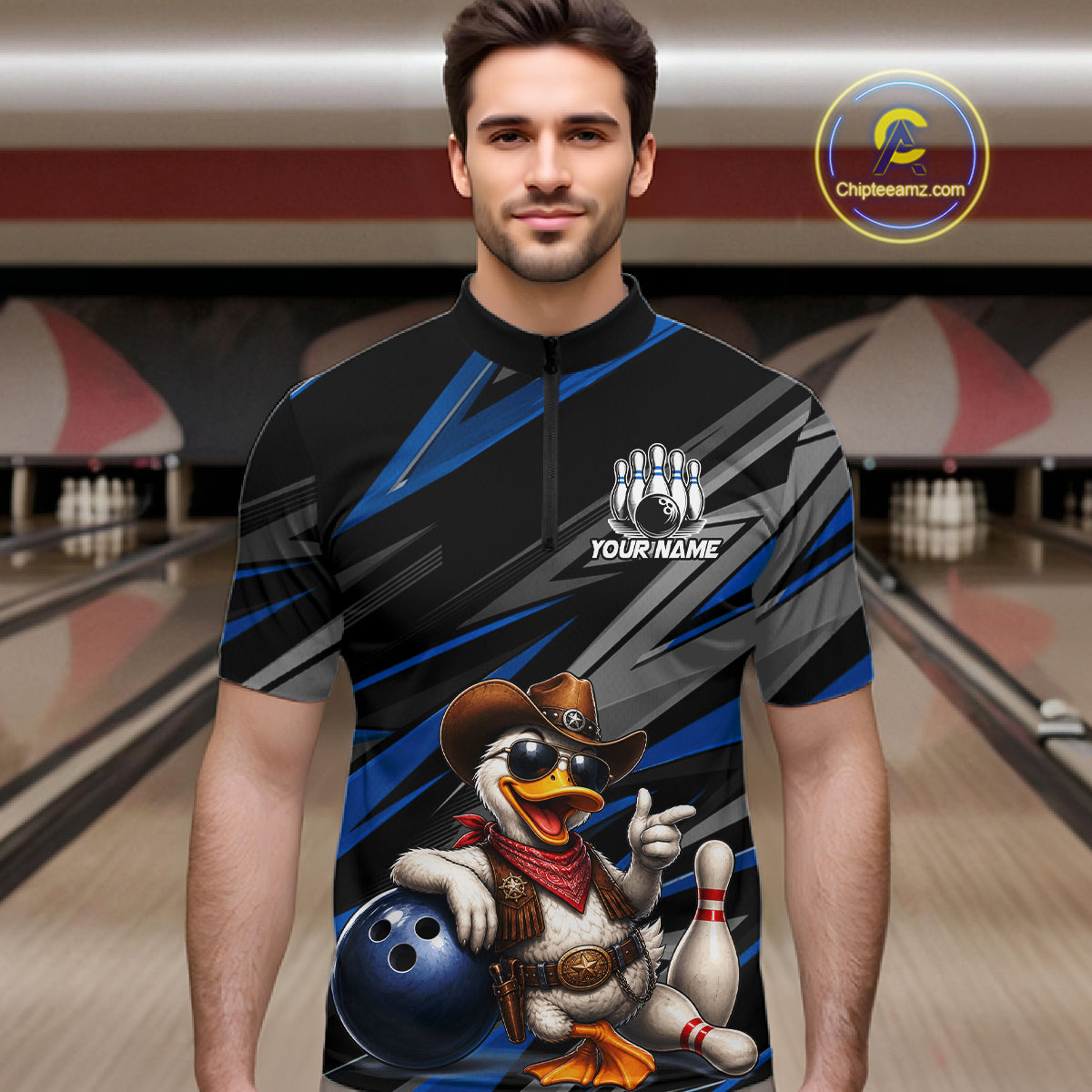 Personalized Team Jersey Men's Custom Cowboy Duck Bowling Polo & 1/4 Zip Shirt |Blue NHT1206