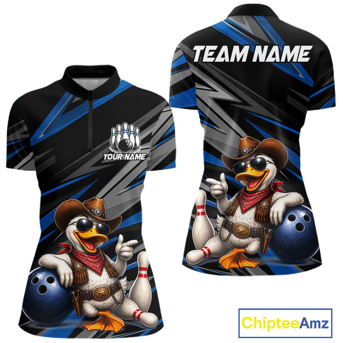 Women's custom cowboy duck bowling quarter zip shirt – blue front view