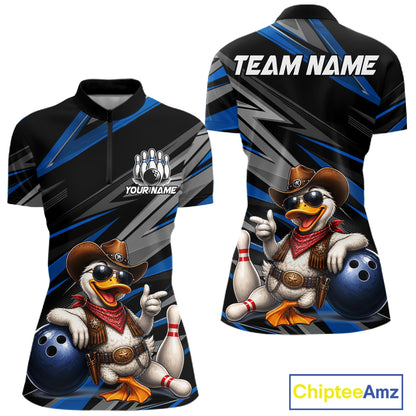 Women's custom cowboy duck bowling quarter zip shirt – blue front view