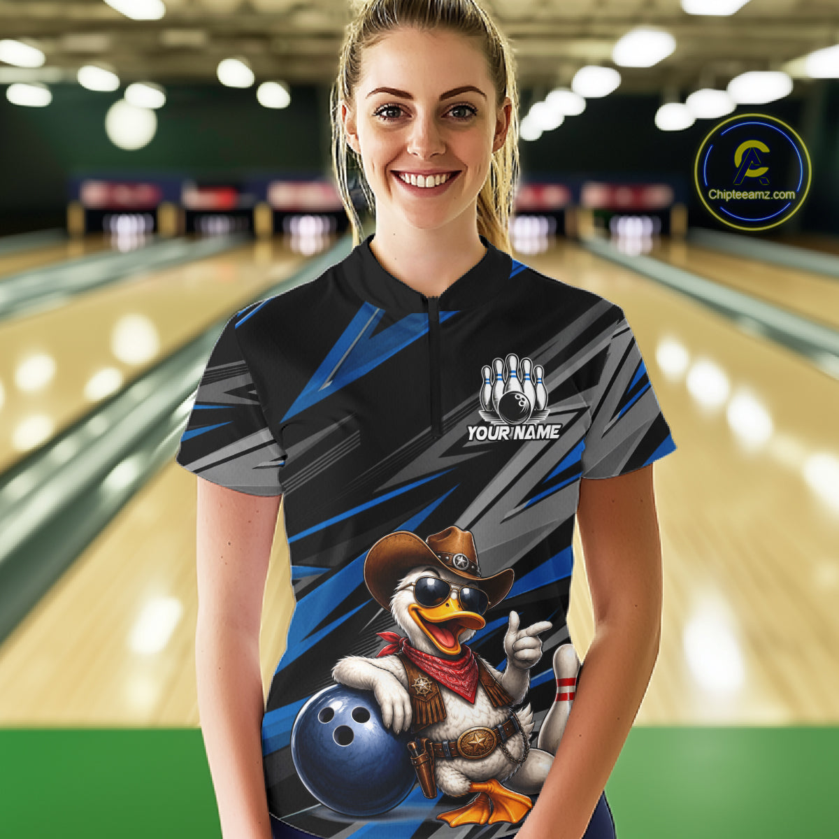 Personalized Team Jersey Women's Custom Cowboy Duck Bowling Polo & 1/4 Zip Shirt |Blue NHT1206