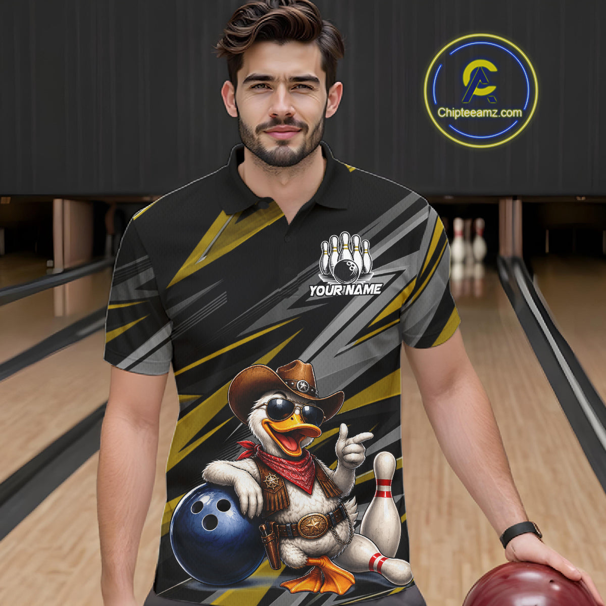 Personalized Team Jersey Men's Custom Cowboy Duck Bowling Polo & 1/4 Zip Shirt |Yellow NHT1207
