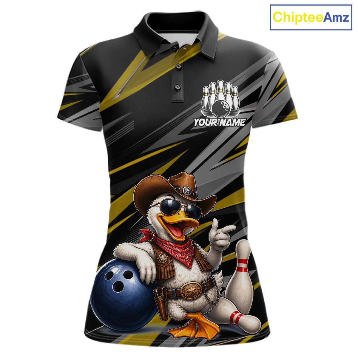 Women's custom cowboy duck bowling polo shirt – yellow front view