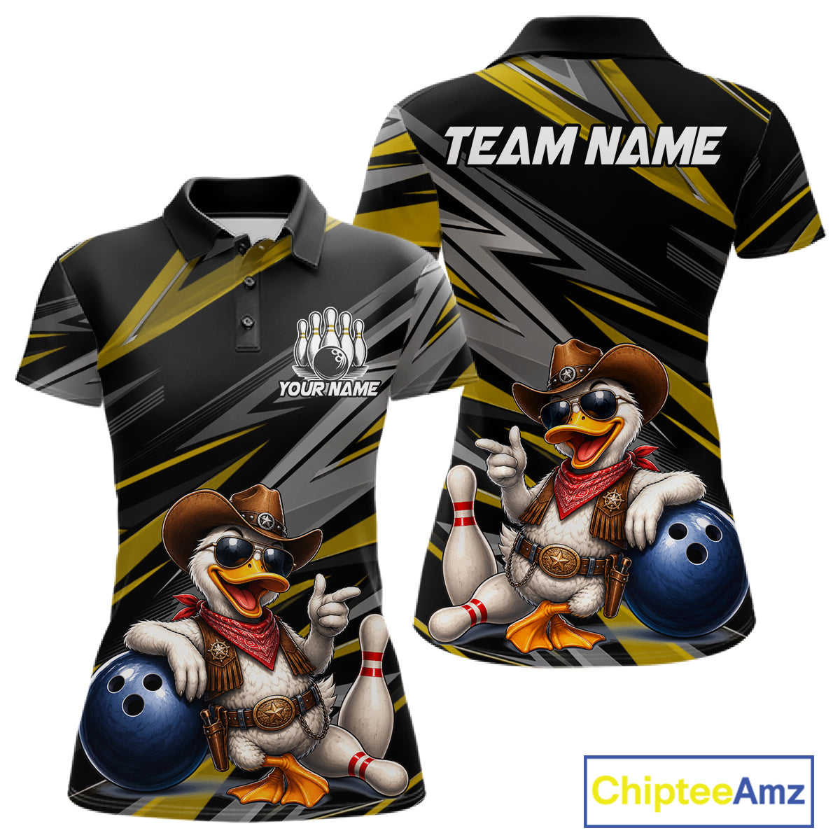 Women's personalized cowboy duck bowling jersey – yellow close-up