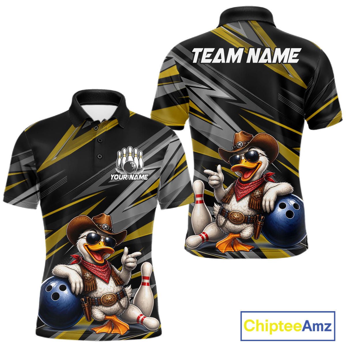 Men's personalized cowboy duck bowling jersey – yellow close-up