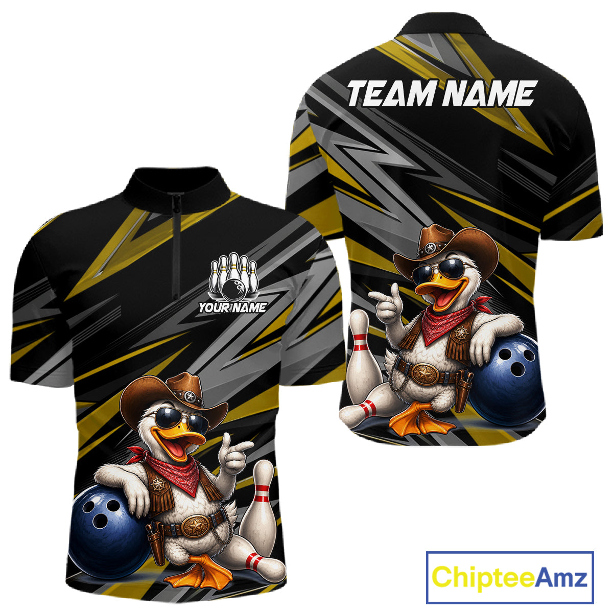 Men's custom cowboy duck bowling quarter zip shirt – yellow front view
